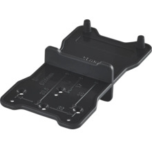 Zwarte kunststof boormal en aftekensjabloon voor meubelmontage met millimeter-aanduidingen.