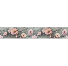 Behangrand met een floraal motief van roze bloemen en grijze bladeren.
