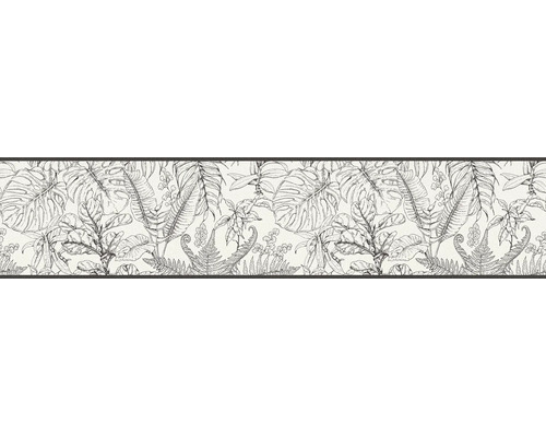Behangrand met zwart-wit junglepatroon en gedetailleerde plantenschetsen van monstera en varens.