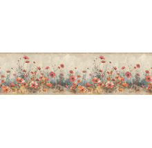 Behangrand met klaprozen en veldbloemen in rood en oranje in aquarelstijl.