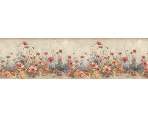 Behangrand met klaprozen en veldbloemen in rood en oranje in aquarelstijl.