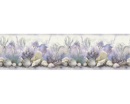 Behangrand met diverse schelpen en koraal in aquarelstijl.