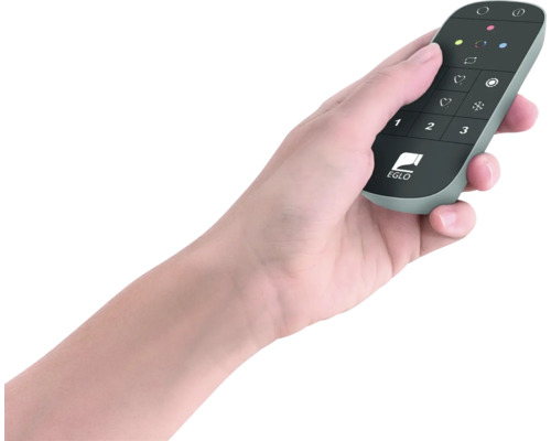 Hand houdt een EGLO afstandsbediening vast