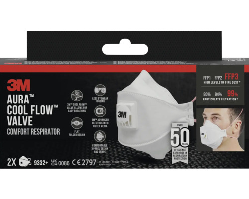 3M Aura Cool Flow Ventiel Comfort Ademhalingsmasker, FFP3 beschermingsniveau