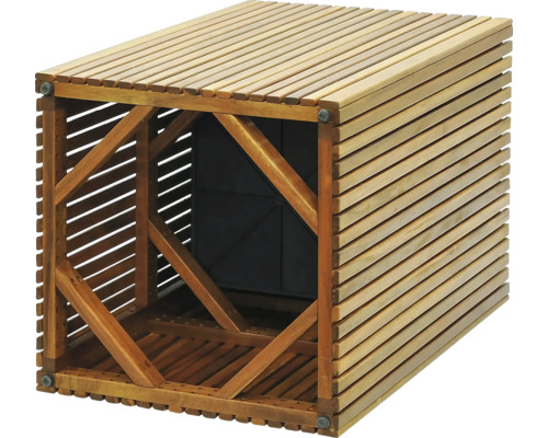 Houten box met lamellenstructuur voor buitenopslag