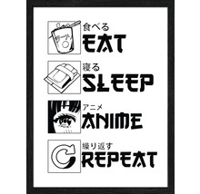 Grafische print met de tekst Eten, Slapen, Anime, Herhalen in een lijst