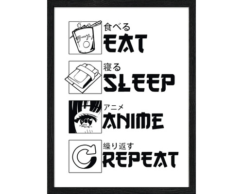 Grafische print met de tekst Eten, Slapen, Anime, Herhalen in een lijst