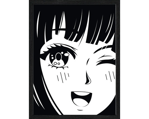 Ingelijst animegezicht in mangastijl, zwart-wit