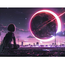 Illustratie van een persoon die uitkijkt op een stadsgezicht onder een grote planeet
