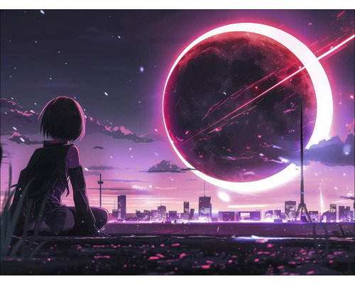 Illustratie van een persoon die uitkijkt op een stadsgezicht onder een grote planeet