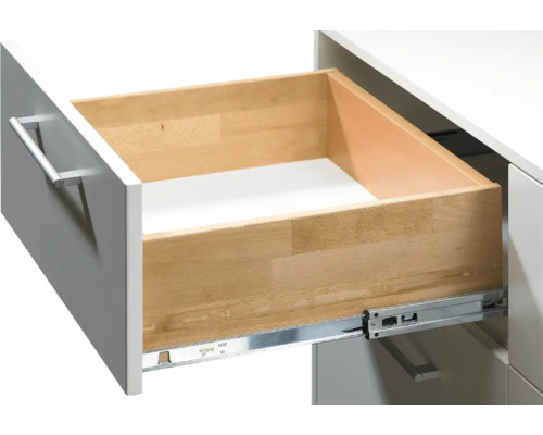 Open lade met houten elementen en metalen rail