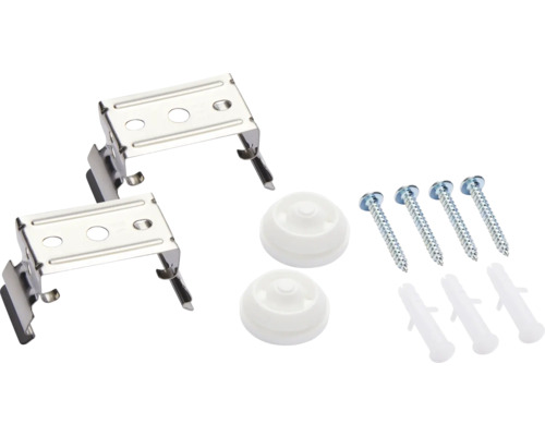 Bevestigingsmateriaal voor jaloezieën, bestaande uit twee jaloeziehouders, twee afstandhouders, vier schroeven en vier pluggen.