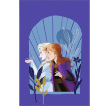Illustratie met de personages Elsa en Anna uit de film Frozen, weergegeven in een scène met planten en een lichtblauwe achtergrond