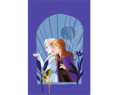 Illustratie met de personages Elsa en Anna uit de film Frozen, weergegeven in een scène met planten en een lichtblauwe achtergrond