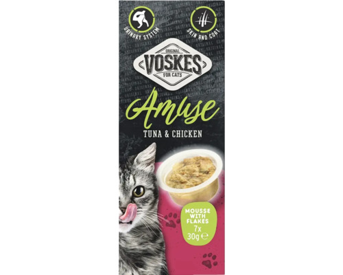 Voskes Amuse kattenvoer met tonijn en kip, ter ondersteuning van het urinewegstelsel en de huid.
