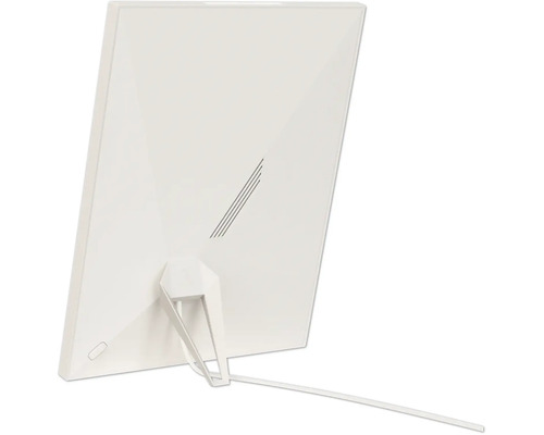 Achteraanzicht van een moderne daglichtlamp met een gefacetteerde achterkant, geïntegreerde standaard en stroomkabel.
