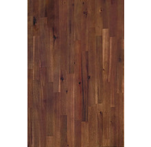 Massief houten werkblad met lamellenstructuur van donker hout met natuurlijke nerven en noesten.