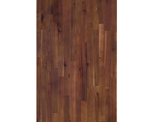 Massief houten werkblad met lamellenstructuur van donker hout met natuurlijke nerven en noesten.