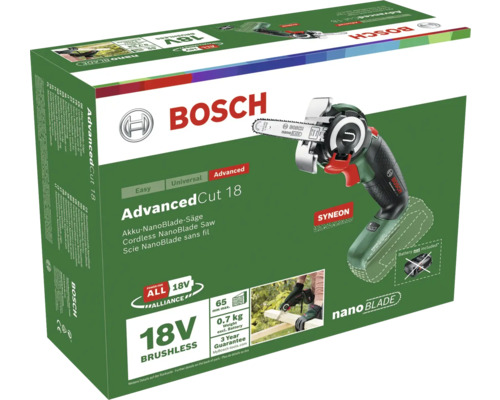 Verpakking van de Bosch AdvancedCut 18 accu-nanozaag