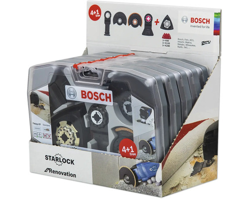 Bosch Starlock renovatieset met diverse zaagbladen en schuurbladen in verpakking