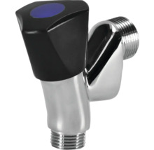 Hoekstopkraan met zwarte handgreep en chroomafwerking