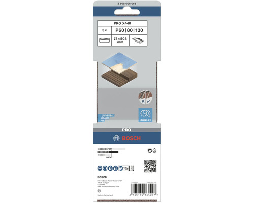 Bosch Pro X440 schuurbanden, korrel P60, P80 en P120, 75x508 millimeter
