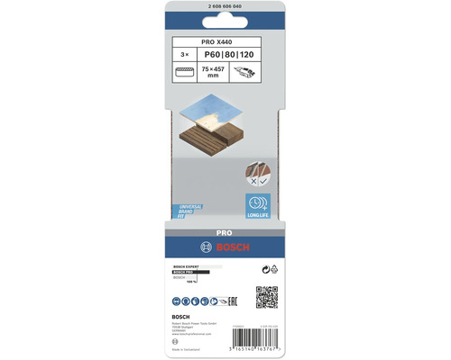 Bosch PRO X440 schuurbandset, korrel P60, P80 en P120, afmeting 75 x 457 millimeter