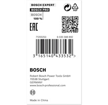 Bosch Expert, Bosch Pro, Bosch 100 procent, Europese conformiteitsmarkering, papierrecyclingssymbool, streepjescode, QR-code, Bosch bedrijfsinformatie, Made in China