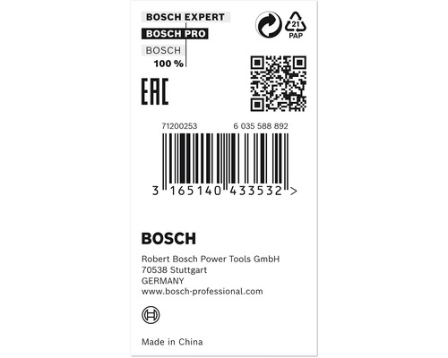Bosch Expert, Bosch Pro, Bosch 100 procent, Europese conformiteitsmarkering, papierrecyclingssymbool, streepjescode, QR-code, Bosch bedrijfsinformatie, Made in China