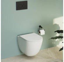 Wandcloset met bedieningspaneel en toiletpapierhouder in een lichte badkamer.