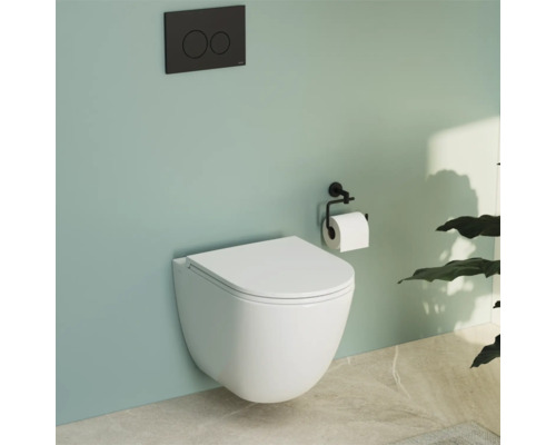 Wandcloset met bedieningspaneel en toiletpapierhouder in een lichte badkamer.