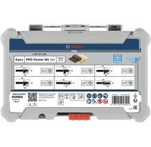 Bosch PRO bovenfrezenset 6-delig met 8 millimeter schacht in opbergbox met technische specificaties en veiligheidssymbolen.