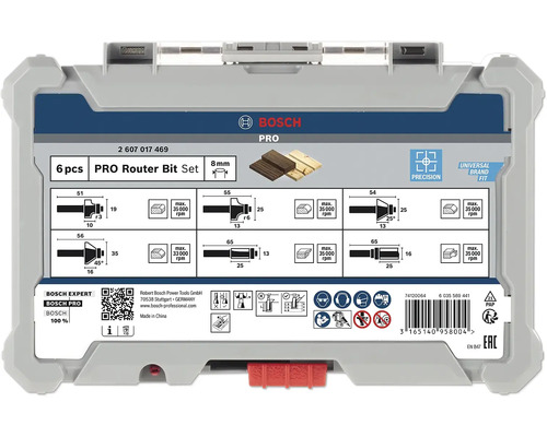 Bosch PRO bovenfrezenset 6-delig met 8 millimeter schacht in opbergbox met technische specificaties en veiligheidssymbolen.