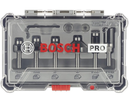 Bosch Logo op een zesdelige Bosch Pro frezenset in een transparante kunststof koffer voor bovenfrezen en houtbewerking.