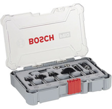 Bosch bovenfrezenset, 6-delig, in een grijze opbergkoffer met transparant deksel en rode sluiting.