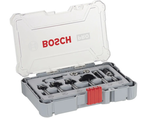 Bosch bovenfrezenset, 6-delig, in een grijze opbergkoffer met transparant deksel en rode sluiting.