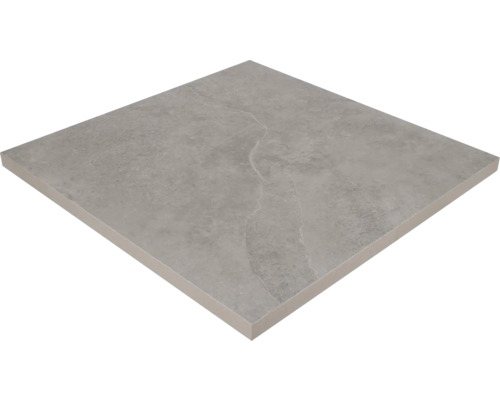 Vierkante vloertegel met grijze steenlook en lichte aders.