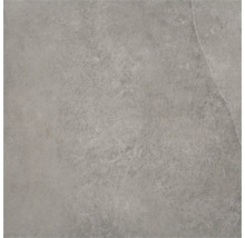 Vierkante grijze keramische tegel in steenlook met een gestructureerd oppervlak.