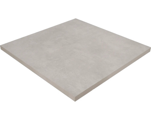 Vierkante terrasplaat van keramiek in betonlook met mat oppervlak.