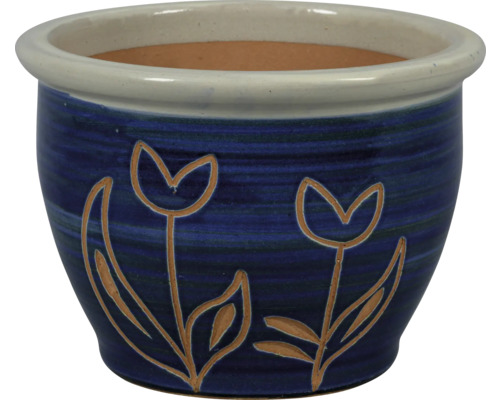 Blauwe keramische bloempot met bloemmotief