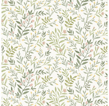 Behang met bladeren, bloemen en knoppenmotief