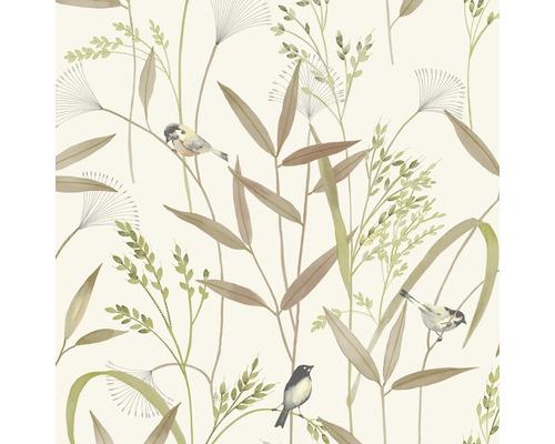 Behang met planten- en vogelmotief