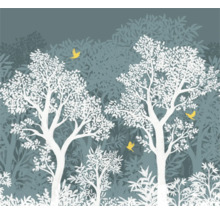 Decoratief bosbehang met bomen en vogels