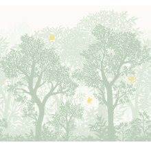 Behang met bosmotief en vogelillustraties