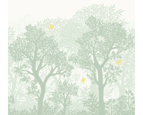 Behang met bosmotief en vogelillustraties