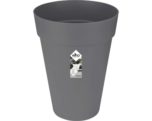 Grijze bloempot met Elho logo en symbool voor gerecyclede materialen
