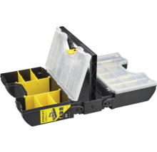 Stanley 3-in-1 assortimentsdoos van zwart kunststof met gele vakken, transparante deksels en handgreep.