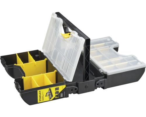 Stanley 3-in-1 assortimentsdoos van zwart kunststof met gele vakken, transparante deksels en handgreep.