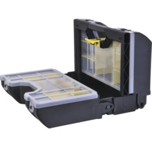 Open organizer van kunststof voor gereedschap of kleine onderdelen met transparante vakken en draaggreep.