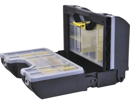 Open organizer van kunststof voor gereedschap of kleine onderdelen met transparante vakken en draaggreep.